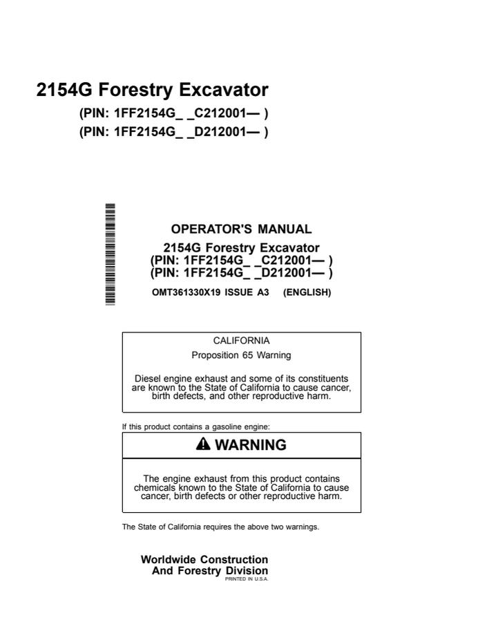 John Deere 2154G Forestry Excavator Operator manual OMT361330X19 — actual manual cover