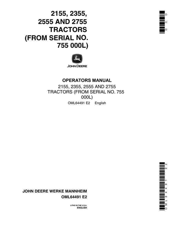 John Deere 2155, 2355, 2555, 2755 Tractor Operator manual OML64491 — actual manual cover