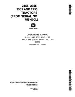 John Deere 2155, 2355, 2555, 2755 Tractor Operator manual OML64491 — actual manual cover
