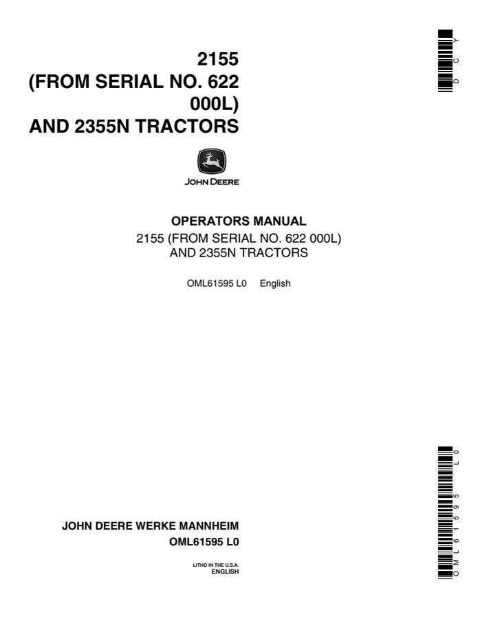 John Deere 2155, 2355N Tractor Operator's manual OML61595 — actual manual cover