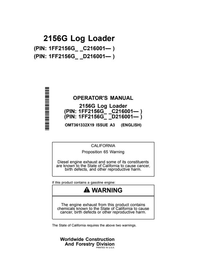 John Deere 2156G Log Loader Operator manual OMT361332X19 — actual manual cover