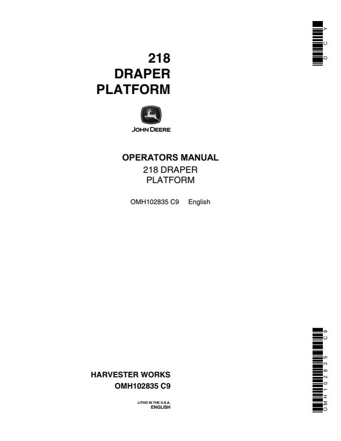 John Deere 218 Draper Platform Operator manual OMH102835 — actual manual cover