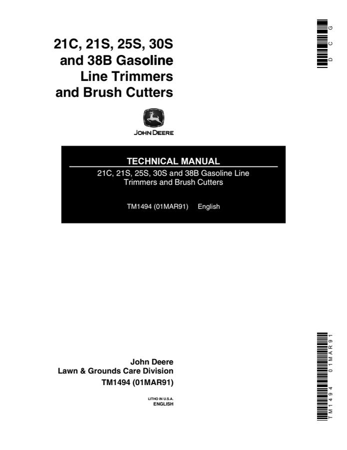 John Deere 21C, 21S, 25S, 30S, 38B Gasoline line trimmer and brush cutter Technical manual TM1494 — actual manual cover
