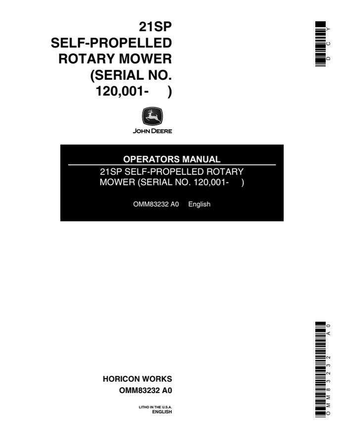 John Deere 21SP Self-Propelled Rotary Mower Operator manual OMM83232 — actual manual cover
