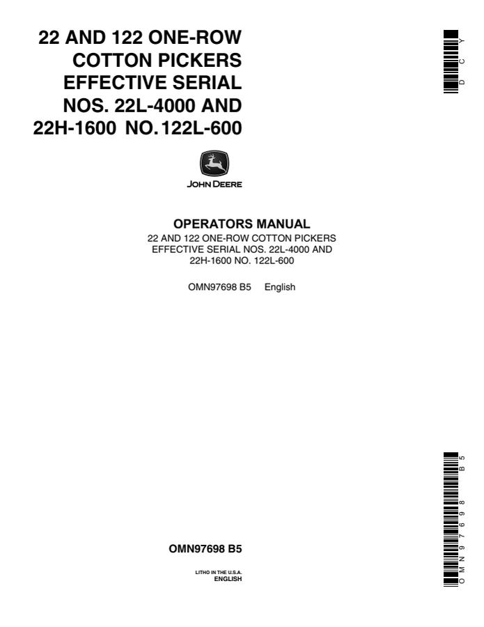 John Deere 22, 122 One-Row Cotton Picker Operator manual OMN97698 — actual manual cover