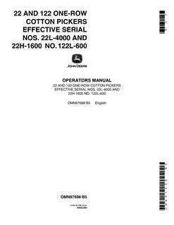 John Deere 22, 122 One-Row Cotton Picker Operator manual OMN97698 — actual manual cover