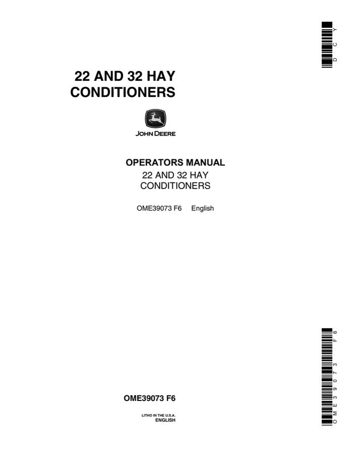 John Deere 22, 32 Hay Conditioner Operator manual OME39073 — actual manual cover