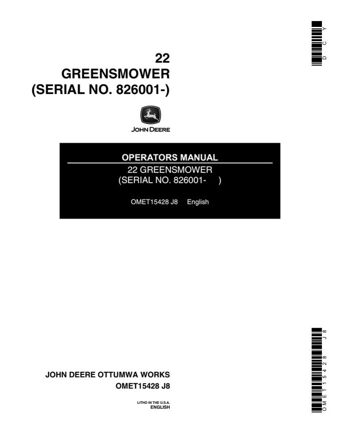 John Deere 22 Greensmower Operators manual — actual manual cover