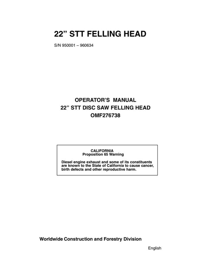 John Deere 22 in STT Disc Saw Felling Head Operator manual OMF276738 — actual manual cover