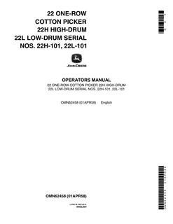 John Deere 22 One-Row; 22H High-Drum; 22L Low-Drum Cotton picker Operator's manual OMN62458 — actual manual cover