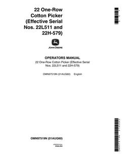 John Deere 22 One-Row Cotton Picker Operator manual OMN97519N — actual manual cover