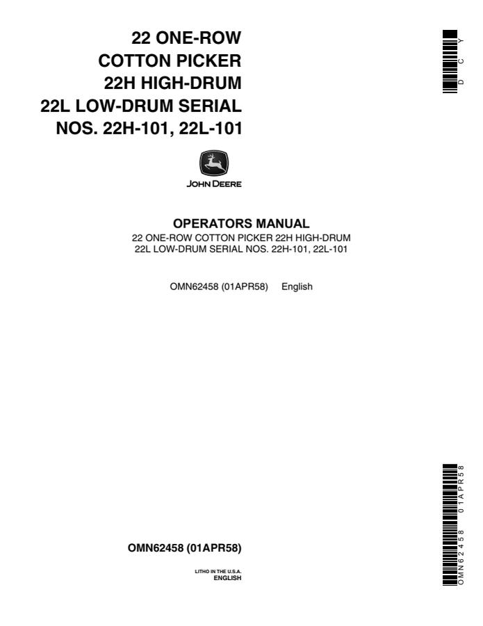 John Deere 22 One-Row Cotton Picker Operator's Manual — actual manual cover