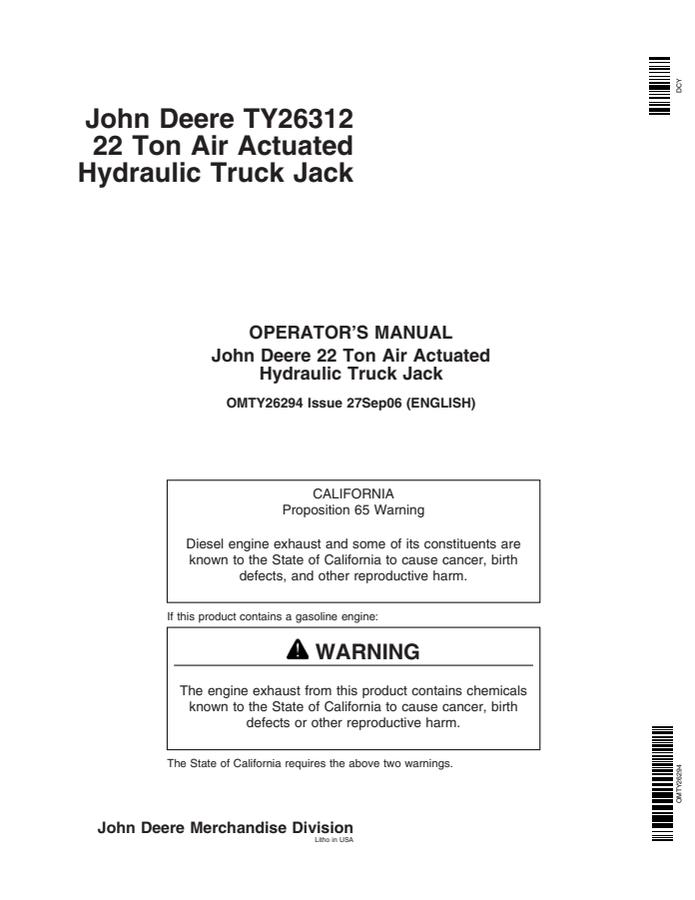 John Deere 22 Ton Air-Actuated Hydraulic Truck Jack Operator manual OMTY26294 — actual manual cover