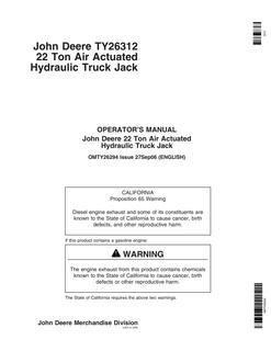 John Deere 22 Ton Air-Actuated Hydraulic Truck Jack Operator manual OMTY26294 — actual manual cover