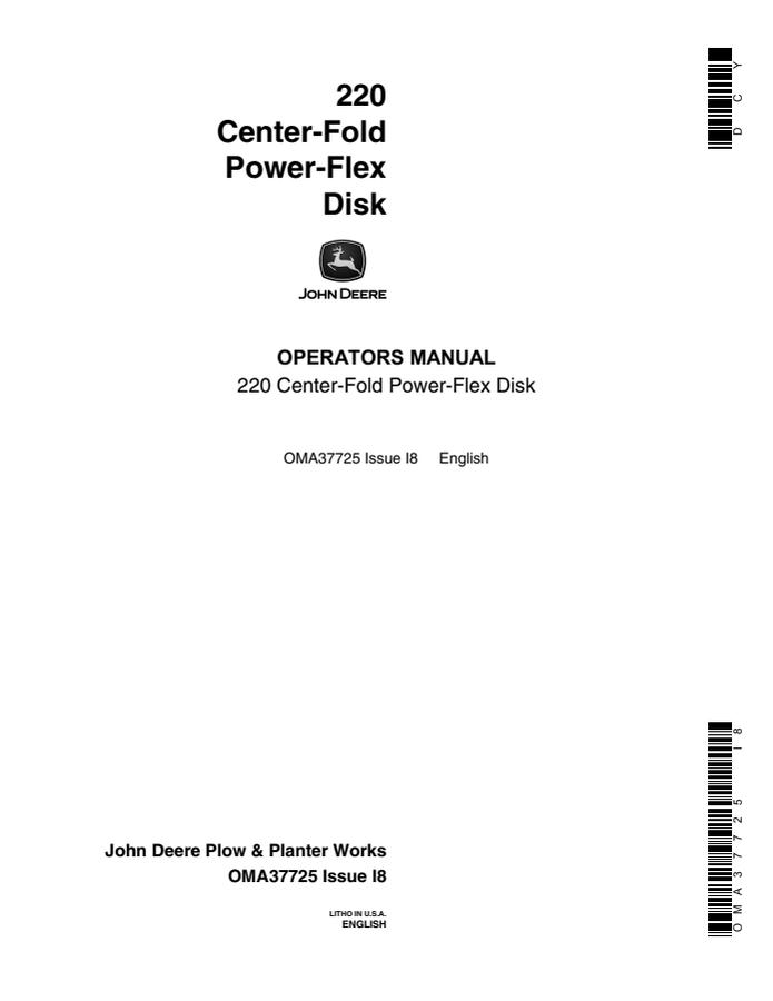 John Deere 220 Center-Fold Power-Flex Disk Operator manual OMA37725 — actual manual cover