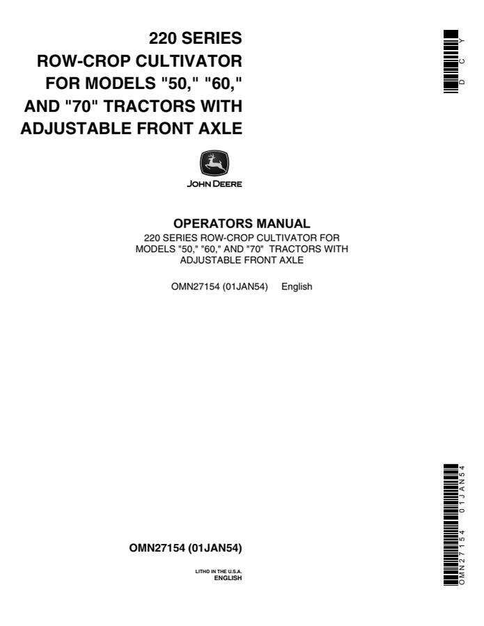 John Deere 220 Series Row-Crop Cultivator Operator manual OMN27154 — actual manual cover