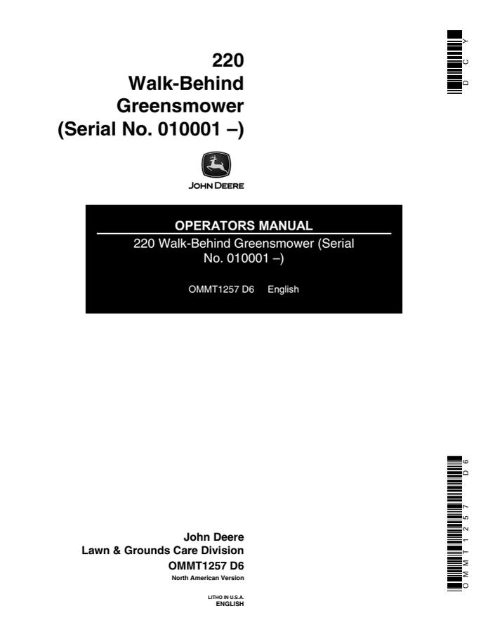 John Deere 220 Walk-Behind Greensmower Operators manual — actual manual cover