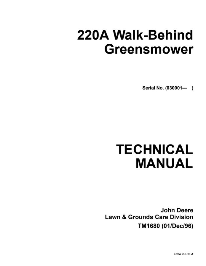 John Deere 220A Walk-behind greensmower Technical manual — actual manual cover