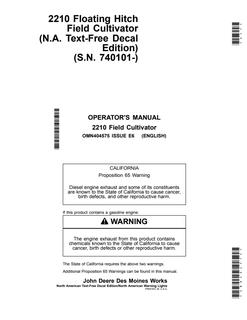 John Deere 2210 Field cultivator Operator manual OMN404575 — actual manual cover