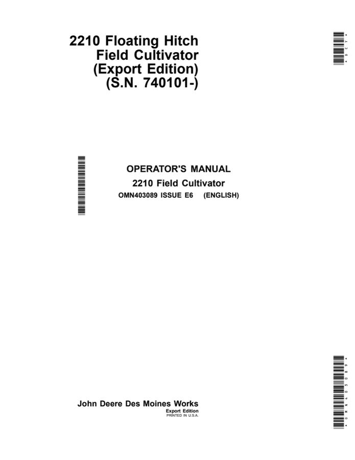 John Deere 2210 Floating Hitch Field Cultivator Operator manual OMN403089 — actual manual cover