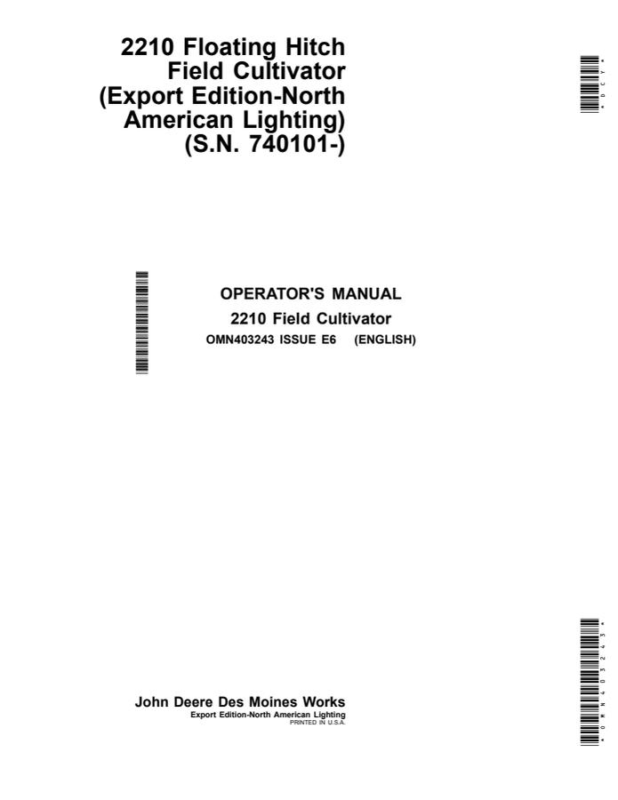 John Deere 2210 Floating Hitch Field Cultivator Operator manual OMN403243 — actual manual cover