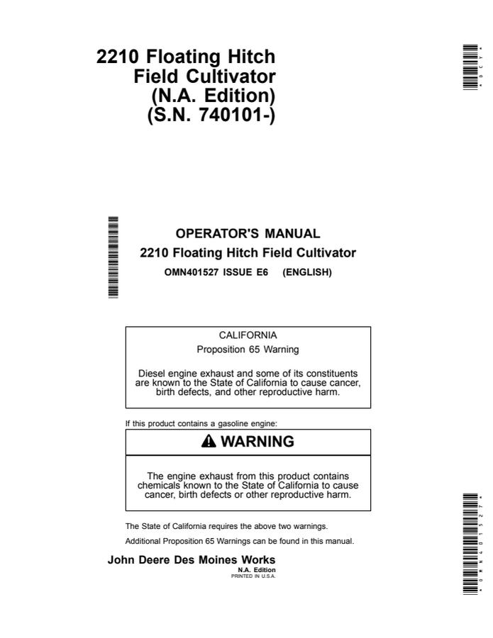 John Deere 2210 Floating Hitch Field Cultivator Operator's Manual — actual manual cover