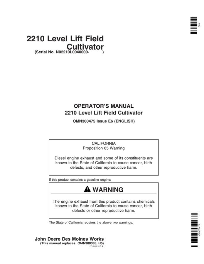 John Deere 2210 Level Lift Field Cultivator Operator manual OMN300475 — actual manual cover