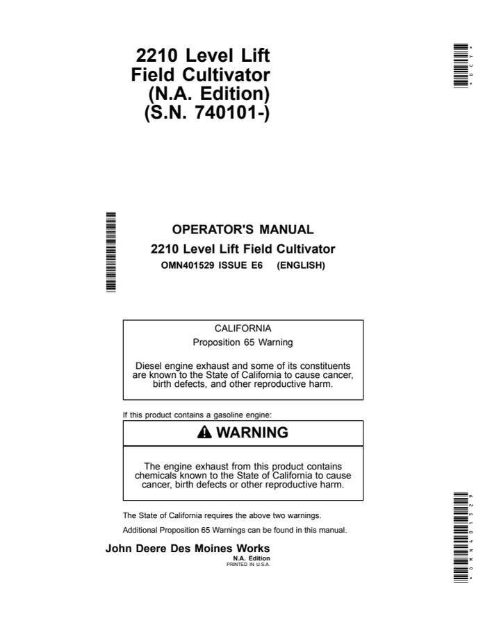 John Deere 2210 Level Lift Field Cultivator Operator manual OMN401529 — actual manual cover