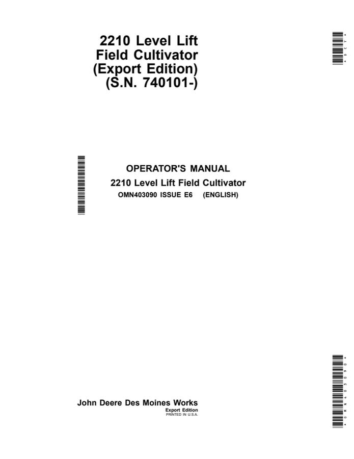 John Deere 2210 Level Lift Field Cultivator Operator manual OMN403090 — actual manual cover