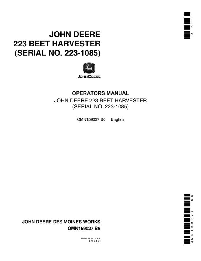 John Deere 223 Beet Harvester Operators manual — actual manual cover