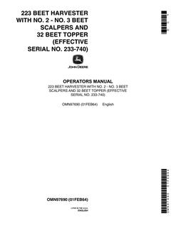 John Deere 223, No. 2–3, 32 Beet Harvester, Beet Scalpers, Beet Topper Operator manual OMN97690 — actual manual cover