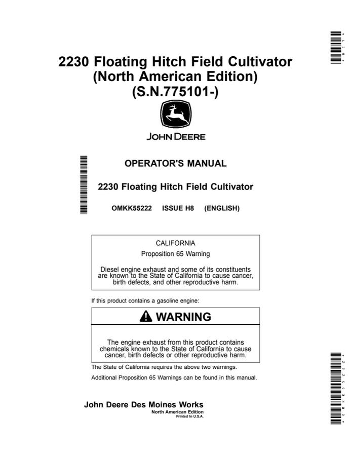John Deere 2230 Floating Hitch Field Cultivator Operator manual OMKK55222 — actual manual cover