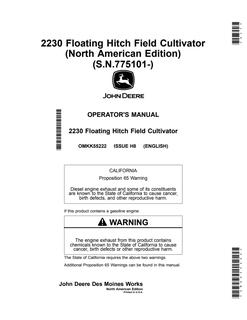 John Deere 2230 Floating Hitch Field Cultivator Operator manual OMKK55222 — actual manual cover