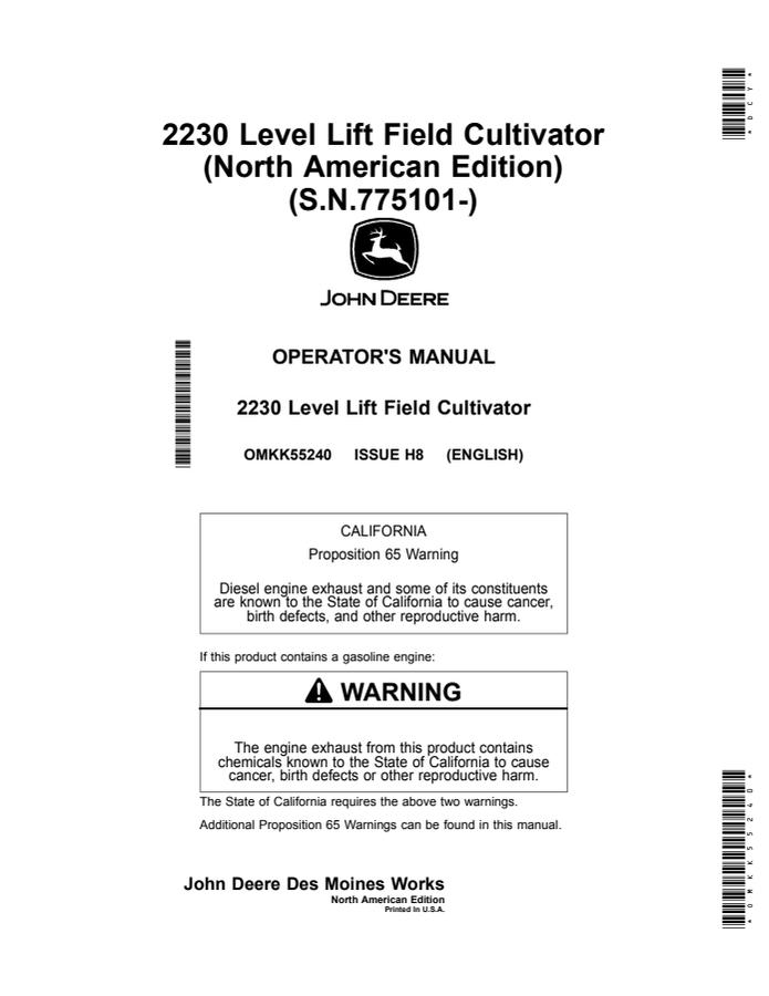 John Deere 2230 Level Lift Field Cultivator Operator manual OMKK55240 — actual manual cover