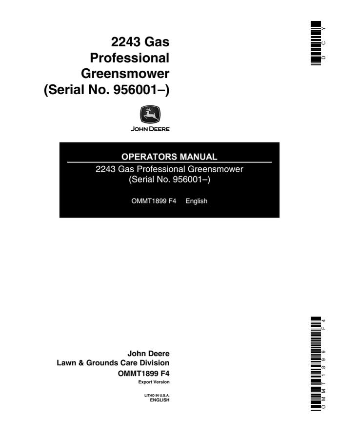 John Deere 2243 Gas Professional Greensmower Operator manual OMMT1899 — actual manual cover