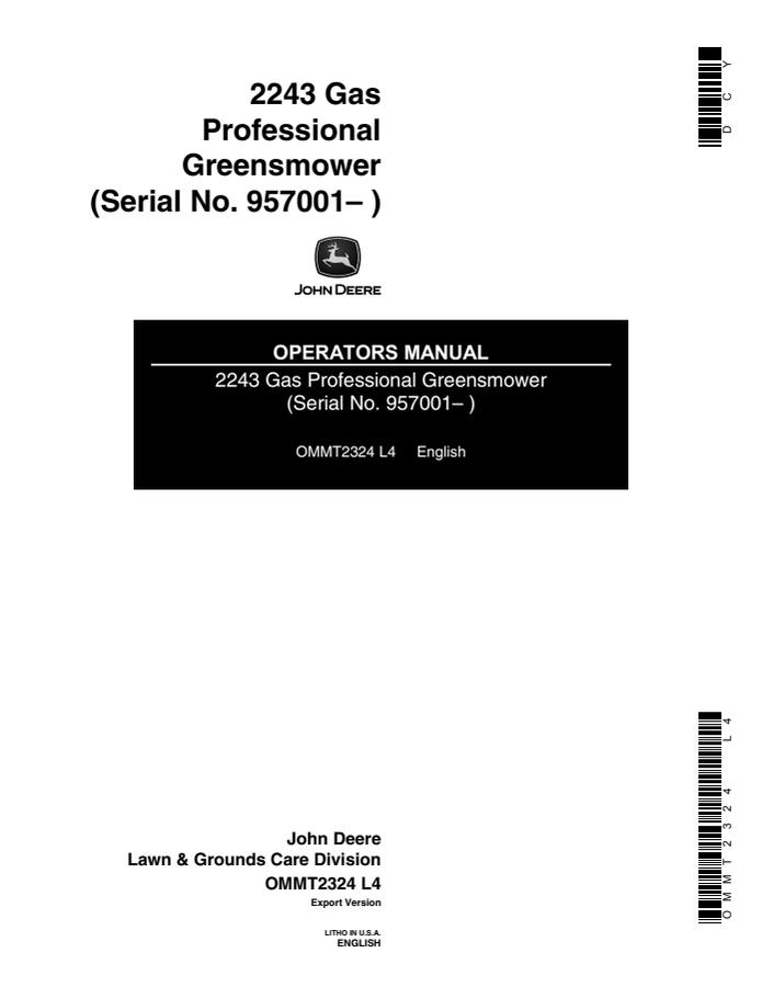John Deere 2243 Gas Professional Greensmower Operator manual OMMT2324 — actual manual cover