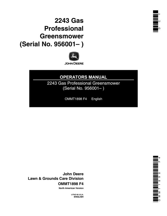 John Deere 2243 Gas Professional greensmower Operator's manual OMMT1898 — actual manual cover