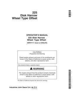 John Deere 225 Offset Disk Harrow Operator manual OMP57111 — actual manual cover