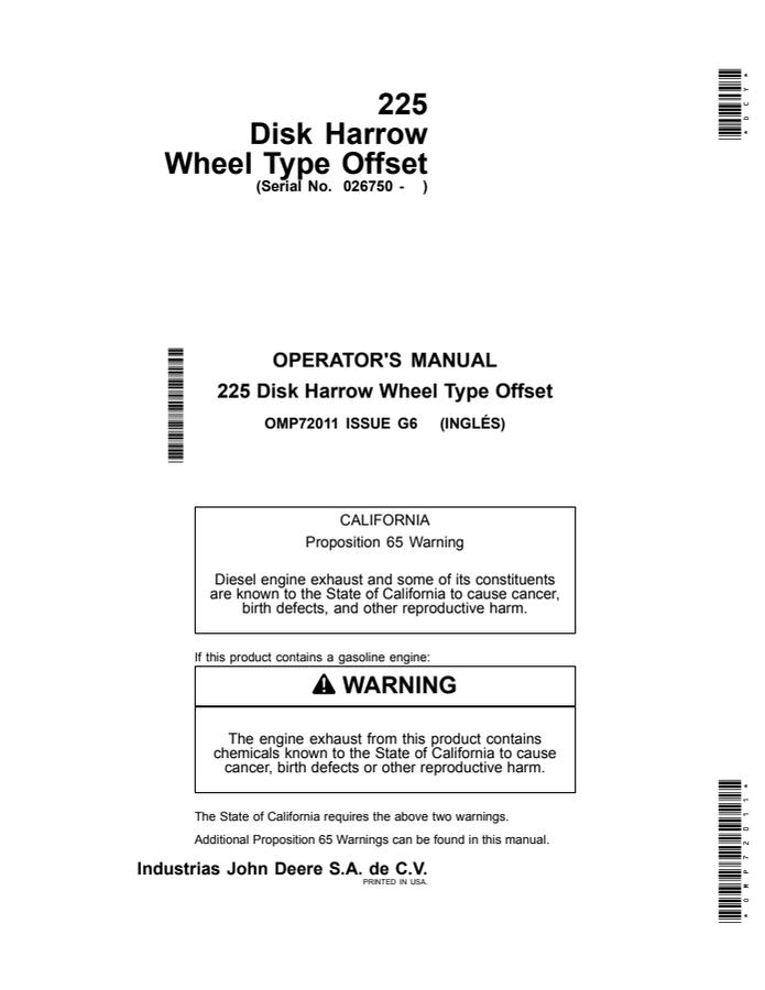 John Deere 225 Offset Disk Harrow Operator manual OMP72011 — actual manual cover