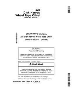 John Deere 225 Offset Disk Harrow Operator manual OMP72011 — actual manual cover