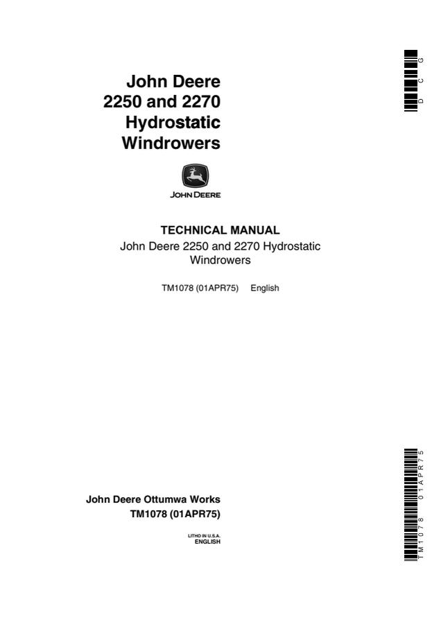 John Deere 2250, 2270 Hydrostatic windrower Technical manual TM1078 — actual manual cover