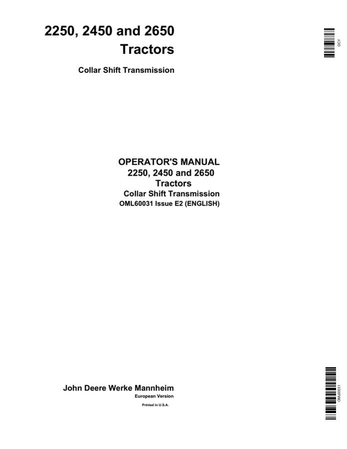 John Deere 2250, 2450, 2650 Tractor Operator manual OML60031 — actual manual cover