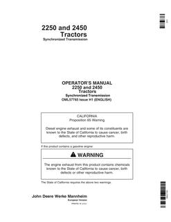 John Deere 2250, 2450 Tractor Operator manual OML57765 — actual manual cover
