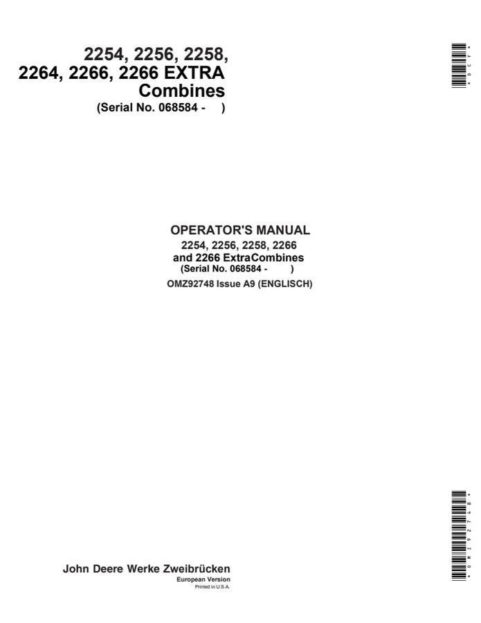 John Deere 2254, 2256, 2258, 2264, 2266, 2266 Extra Combine Operator manual OMZ92748 — actual manual cover