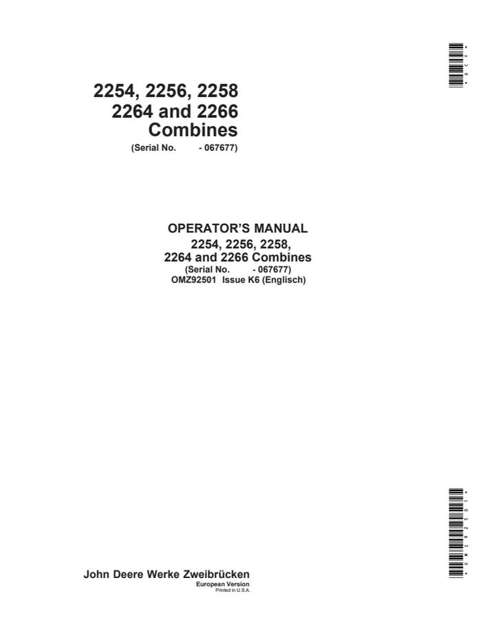 John Deere 2254, 2256, 2258, 2264, 2266 Combine Operator manual OMZ92501 — actual manual cover