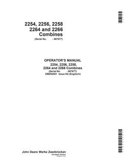 John Deere 2254, 2256, 2258, 2264, 2266 Combine Operator manual OMZ92501 — actual manual cover