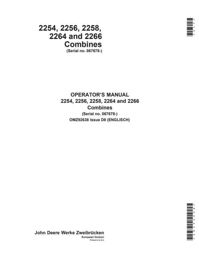 John Deere 2254, 2256, 2258, 2264, 2266 Combine Operator manual OMZ92638 — actual manual cover