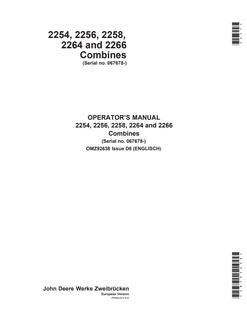 John Deere 2254, 2256, 2258, 2264, 2266 Combine Operator manual OMZ92638 — actual manual cover