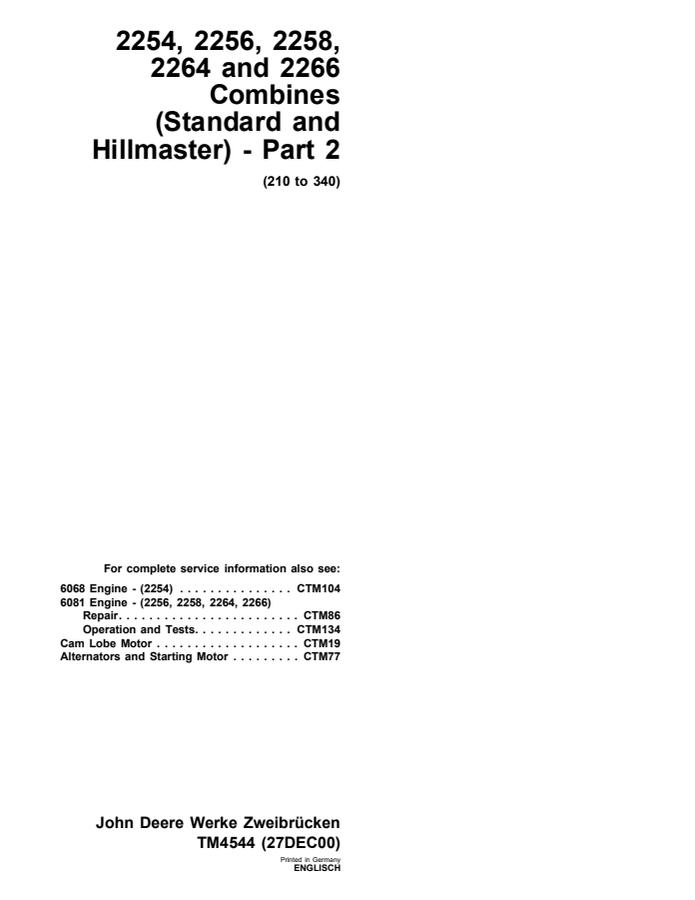 John Deere 2254, 2256, 2258, 2264, 2266 Combine Technical manual — actual manual cover