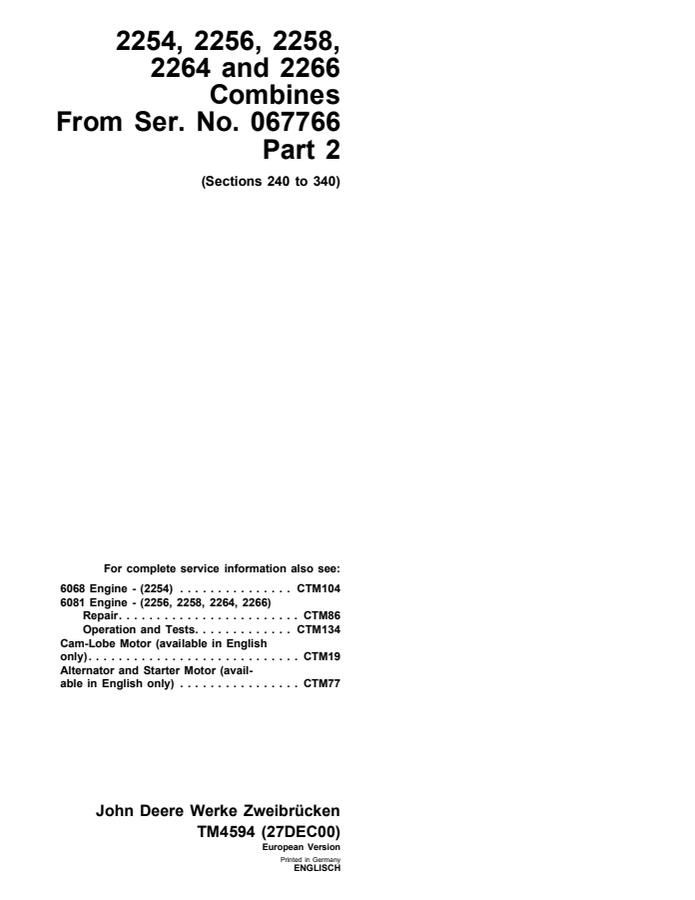 John Deere 2254, 2256, 2258, 2264, 2266 Combine Technical manual — actual manual cover